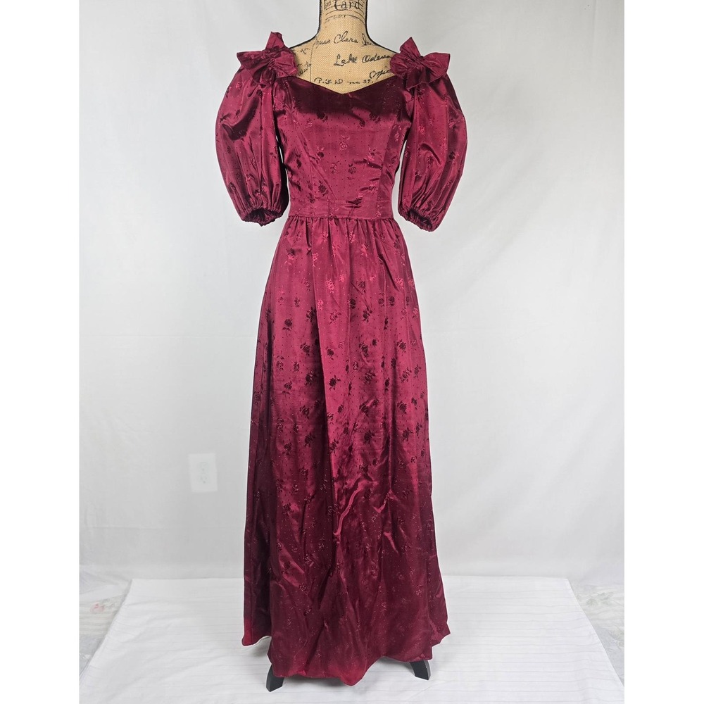 Vintage 80s Burgundy Floral Satin Jacquard Gown ILGWU Union Made Prom Dress 7-8 - Picture 2 of 16